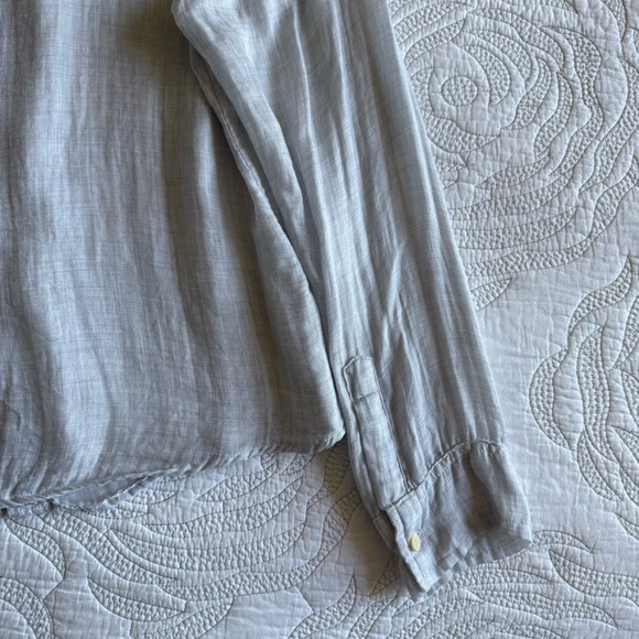 CP Shades Light Gray Ruffle-Front Linen Button-Up Top - Picture 9 of 12